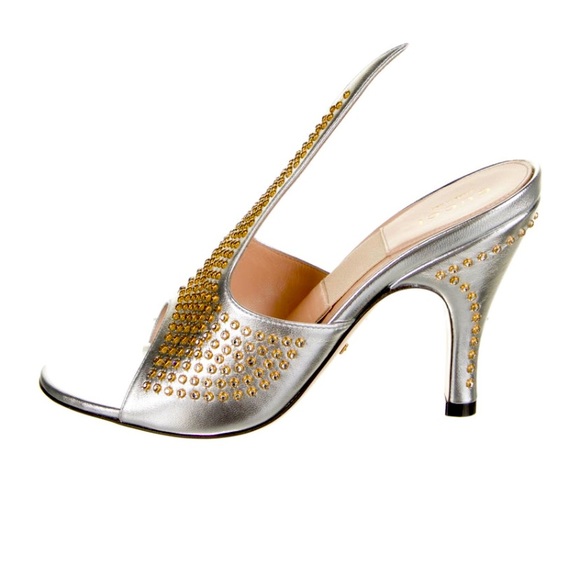 Gucci Silver Leather Embellished Slingback Sandal - NWT - Picture 1 of 7